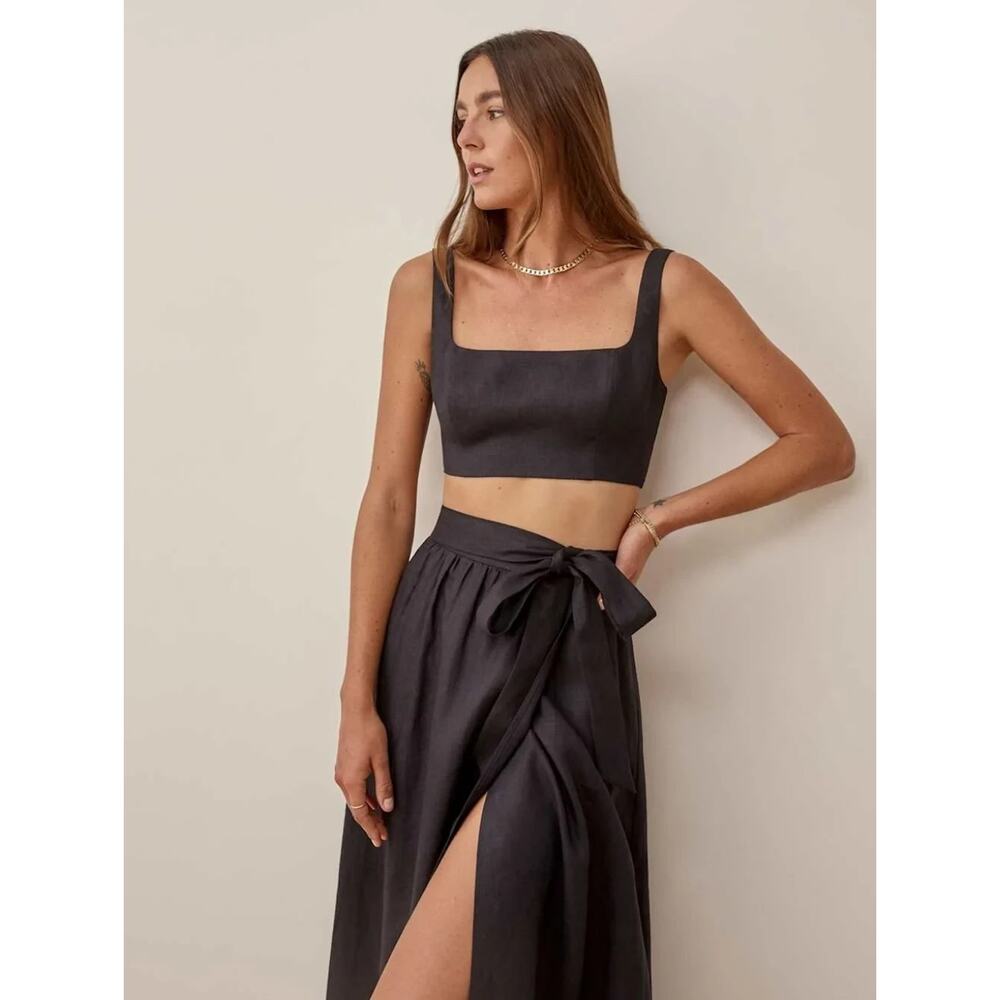 Reformation Linen Palm Set 4 Black Two Piece Set Crop Top Skirt Vacation Resort - Picture 3 of 14